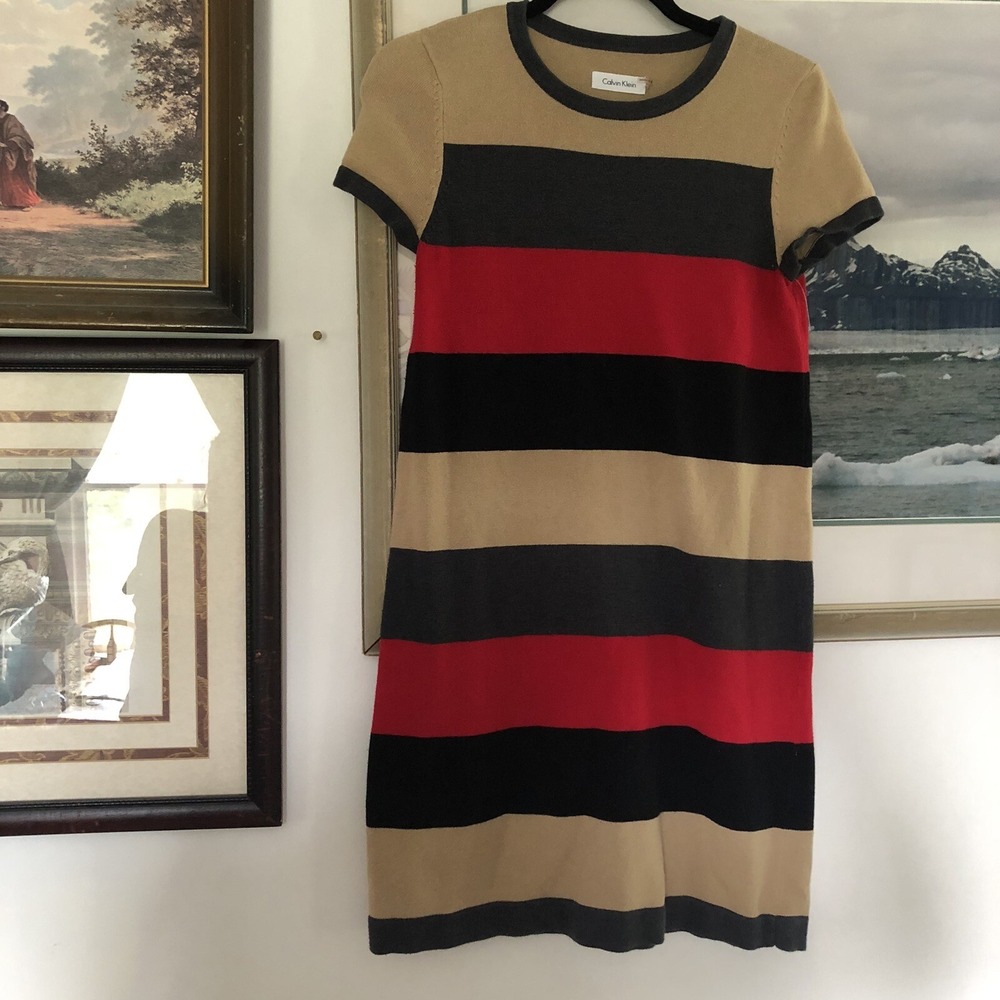 Calvin Klein Beige Gray Red Stripe Short Sleeve Sweater dress Women's Sz S A3149